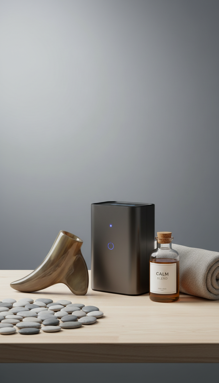 A tastefully styled tabletop featuring a traditional Tuina massage tool carved from smooth horn and a modern bio-resonance device with a sleek matte finish, placed beside a rolled, muted-tone linen towel and a glass bottle of natural essential oil. The setting is a minimalist health studio corner, with a soft gray gradient wall in the background and pebbles arranged artfully for a natural touch. Soft studio lighting gently illuminates the main objects, casting subtle reflections and creating an atmosphere of quiet professionalism and health-focused luxury. Shot from an eye-level perspective using centered composition, the photographic realism and minimalist details reinforce an image of expert care and contemporary sophistication.