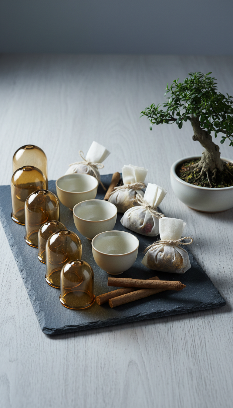 An intricate display showcasing a set of polished cupping therapy vessels made from dark amber glass and pale porcelain, interspersed with slender moxa rolls and elegantly wrapped herbal sachets. These are arranged on a refined slate tray set on a brushed wooden surface beside a minimalist bonsai tree in a pale ceramic planter. Cool, diffused overcast daylight from the side enhances the muted earth tones and highlights the elegant materials, with gentle shadows emphasizing the forms. The composition favors asymmetric balance and sharp focus throughout. The overall ambiance is serene and sophisticated, mirroring the holistic beauty of Chinese medicine while remaining clean, modern, and understated.