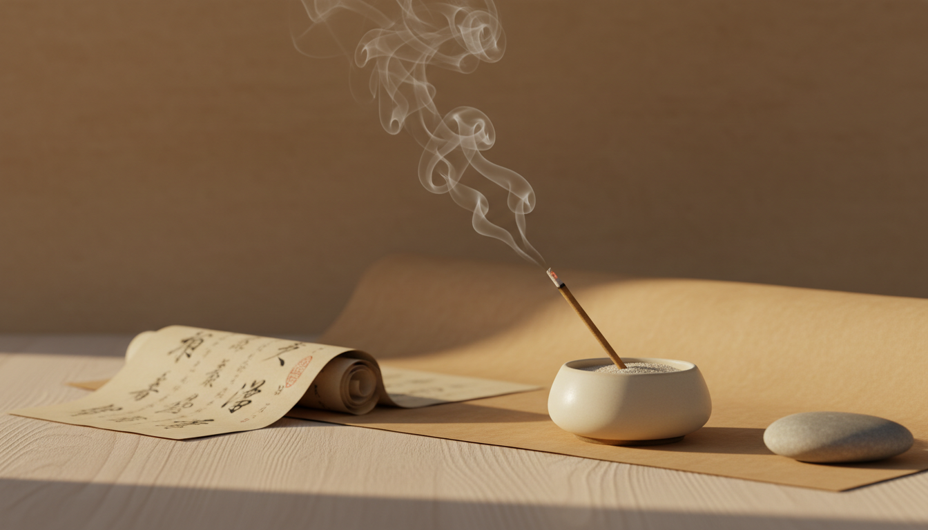 A refined, minimalist still life of a single moxa stick smoldering in a sand-filled porcelain holder, fine tendrils of smoke rising and curling against a backdrop of textured matte parchment. A loose scroll of traditional Chinese calligraphy and a smooth river stone complete the composition atop an ash wood surface, conveying tradition with modern restraint. Soft golden hour light streams in at a low angle, creating warm, elongated shadows and enhancing the moxa smoke's visual delicacy. The camera captures the scene from a low, slightly off-center vantage, using a shallow depth of field to focus attention on the moxa while maintaining a peaceful, contemplative mood in keeping with the sophisticated, muted palette of the site.
