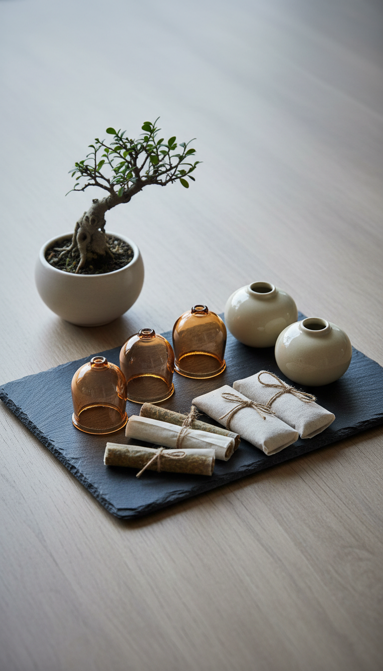 An intricate display showcasing a set of polished cupping therapy vessels made from dark amber glass and pale porcelain, interspersed with slender moxa rolls and elegantly wrapped herbal sachets. These are arranged on a refined slate tray set on a brushed wooden surface beside a minimalist bonsai tree in a pale ceramic planter. Cool, diffused overcast daylight from the side enhances the muted earth tones and highlights the elegant materials, with gentle shadows emphasizing the forms. The composition favors asymmetric balance and sharp focus throughout. The overall ambiance is serene and sophisticated, mirroring the holistic beauty of Chinese medicine while remaining clean, modern, and understated.