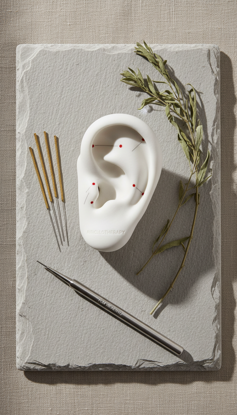 A minimalist flat lay composition featuring a clean, white porcelain ear model marked with precise acupuncture points for auriculotherapy, set amid fine gold-tipped acupuncture needles, delicate sprigs of dried mugwort, and a subtle brushed-steel pointer tool. The arrangement rests on a pale slate stone slab atop a neutral-toned table. Subtle morning light from the left side softly washes the scene, producing gentle highlights and barely-there shadows that enhance the model's contours. The atmosphere is contemplative and elegantly clinical, conveying expertise and natural healing through refined, photographic minimalism—suited for educating about auriculotherapy's role in Chinese medicine.